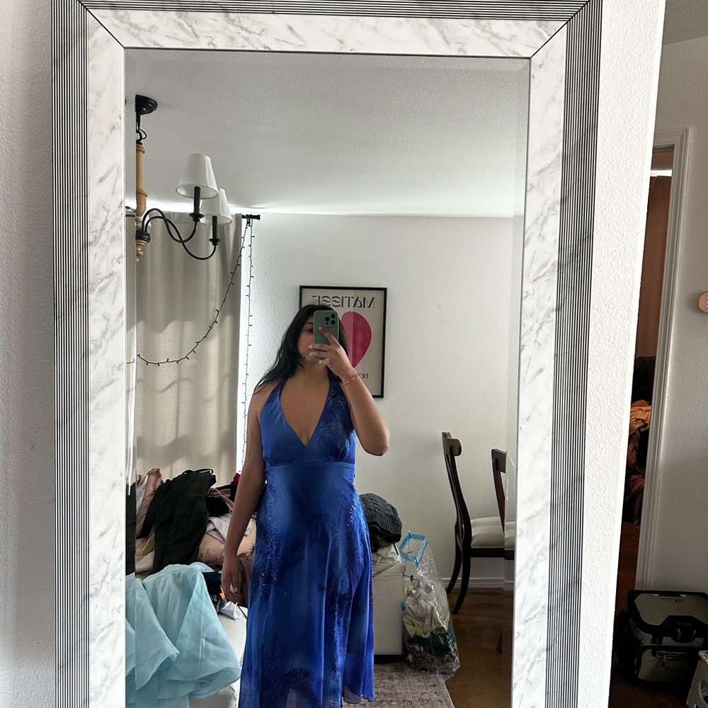 Blue V-Neck Midi Dress - Elegant Women’s Evening Dress